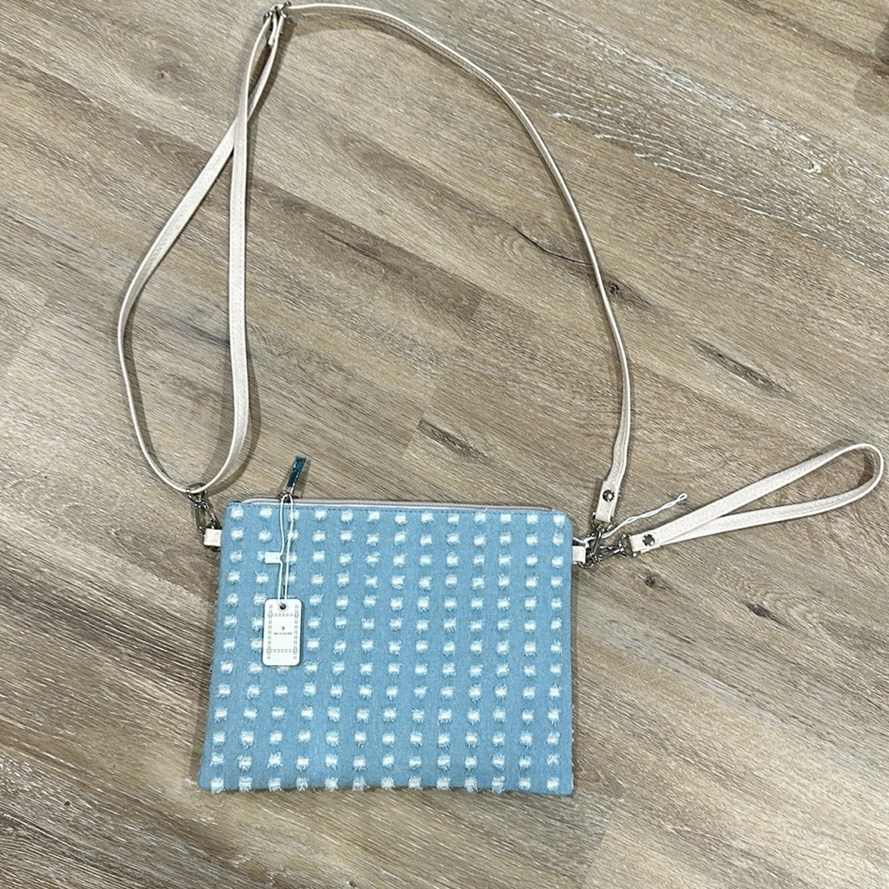 NWT 10x8 satchel purse. Denim - with tan straps. Be clever